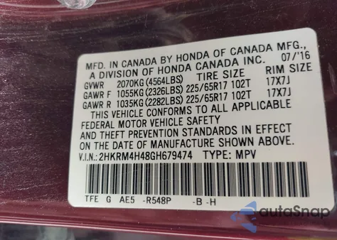 2016 Honda Cr-V Se z USA, uszkodzony, nr VIN 2HKRM4H48GH679474